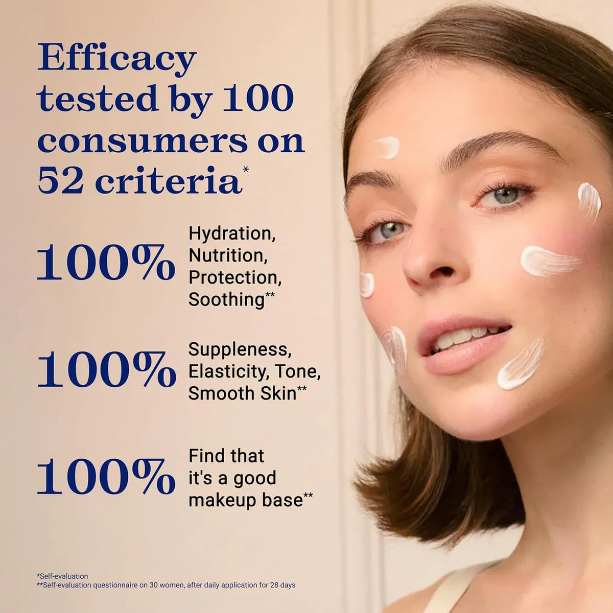 Woman with skincare product application on face, efficacy claims text overlay